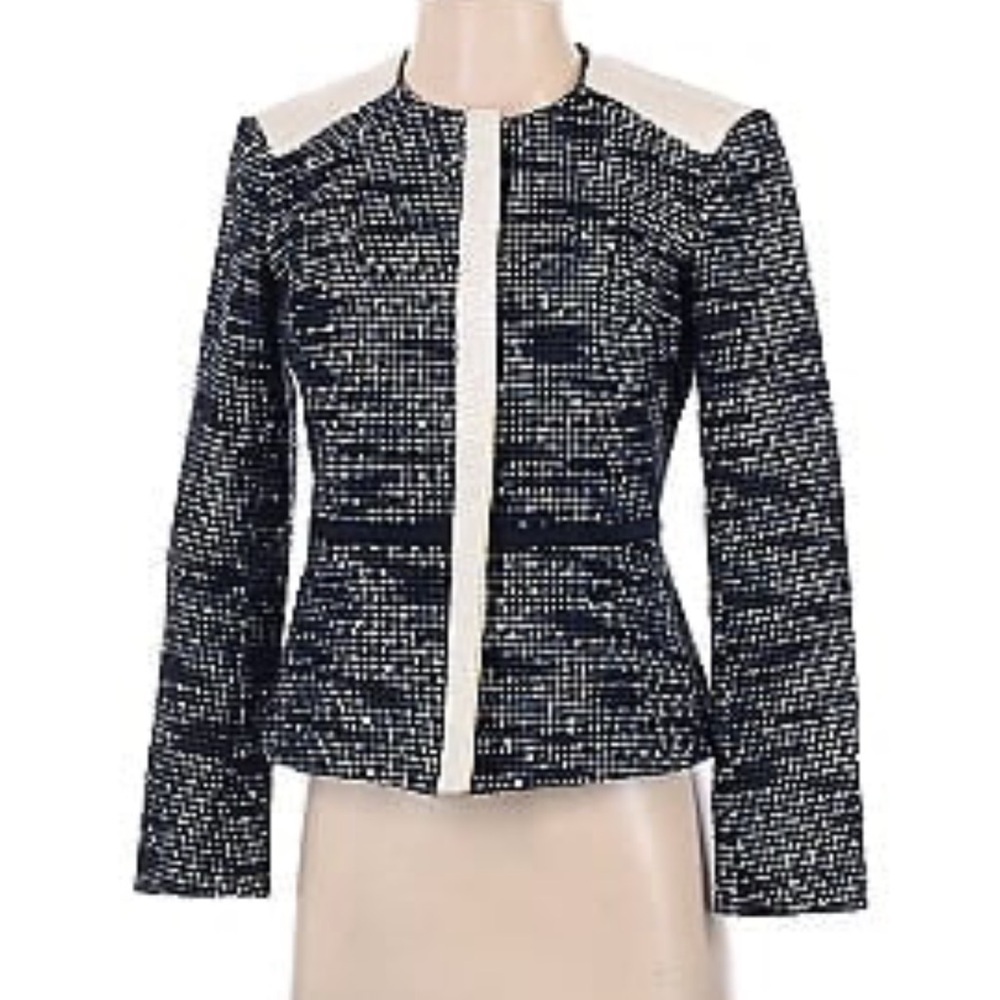 RACHEL ROY Leather Trim Career Jacket Blazer 8 Long Sleeve Full Zip Lined Blue K - Picture 3 of 10